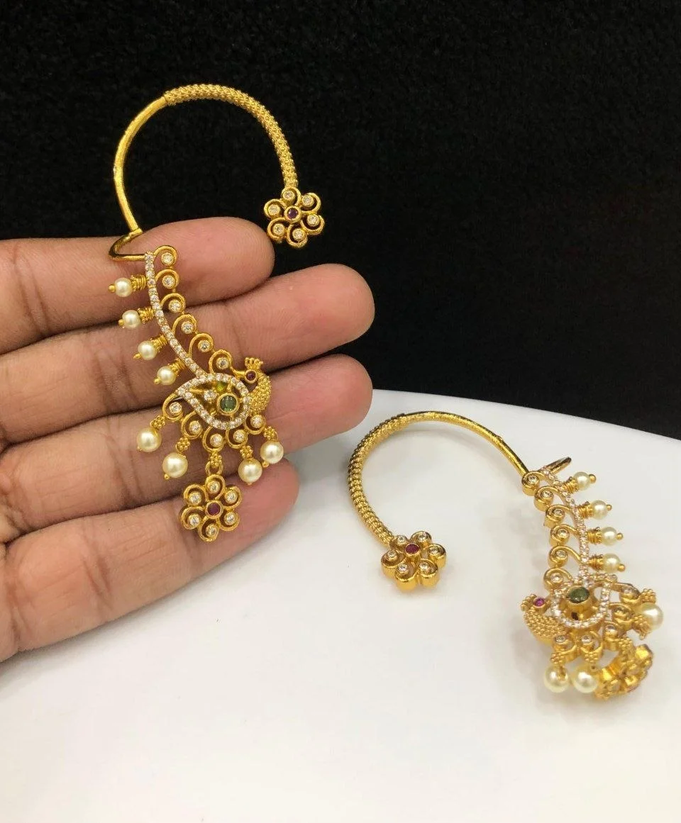 Floral Peacock CZ Stone Earcuff Jhumkas